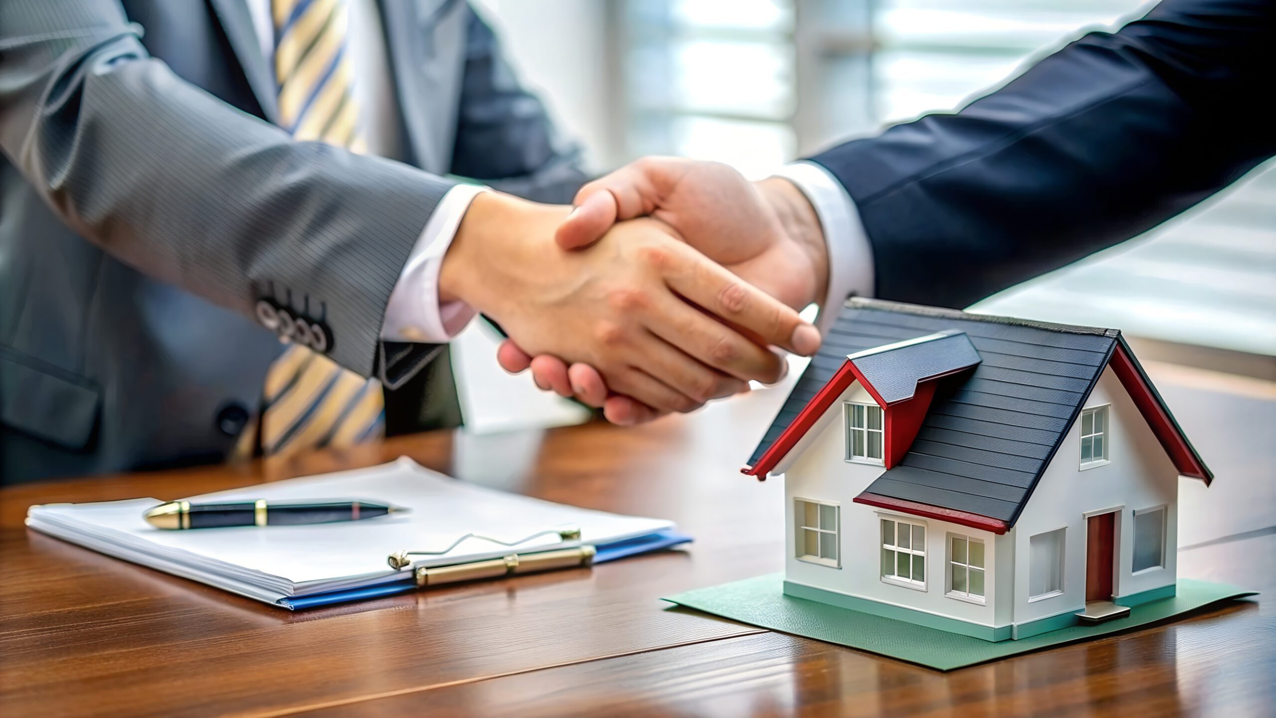 Two professionals shake hands to seal a real estate deal, with a miniature house model on the desk nearby.