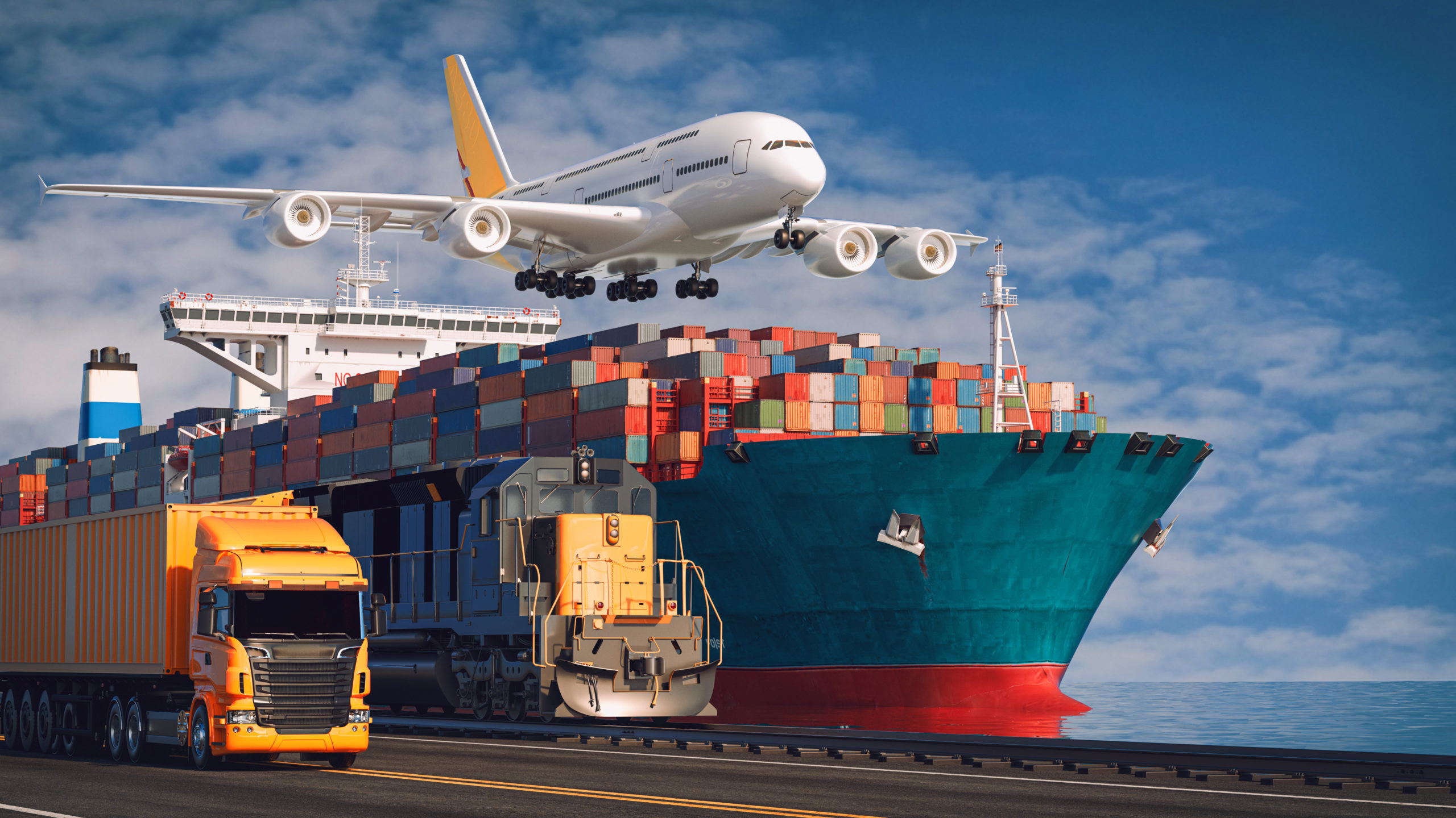 Container ship at a port with stacked colorful cargo containers and a large airplane flying overhead.