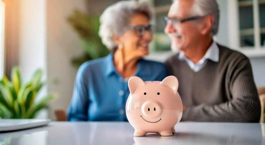 Elderly couple smiling in the background with a pink piggy bank in focus on the table, symbolizing saving for retirement at home.
