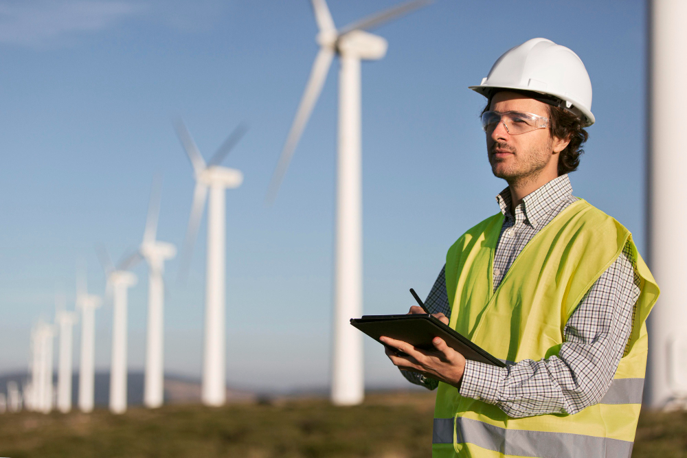 Engineer in a white hard hat and high-visibility vest at a wind farm, holding a clipboard and penemanaging notes.